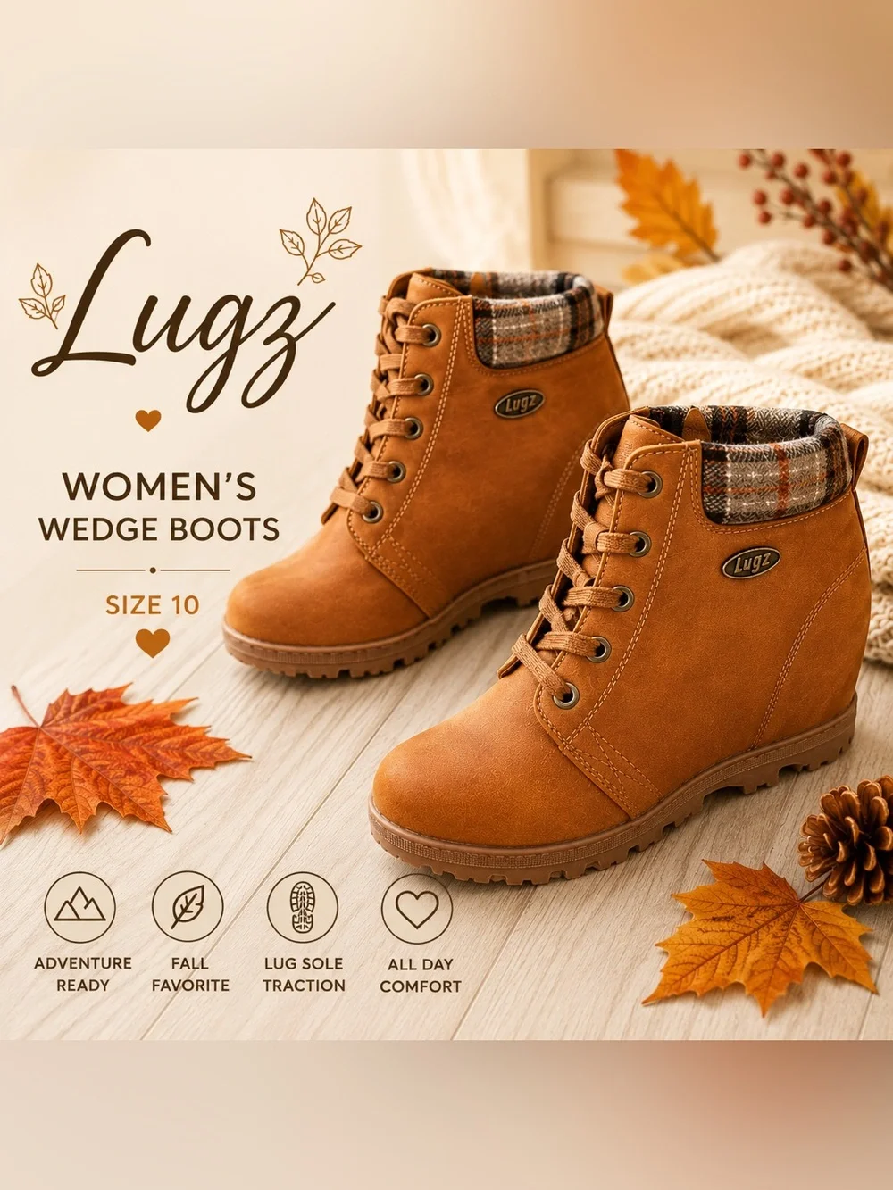 Women’s Tan Wedge Hiking Boots Plaid Collar Lace Up Size 10 Waterproof